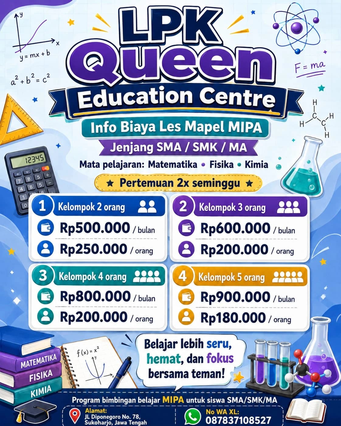 Info Biaya Les Mapel MIPA SMA SMK MA Queen Education Centre