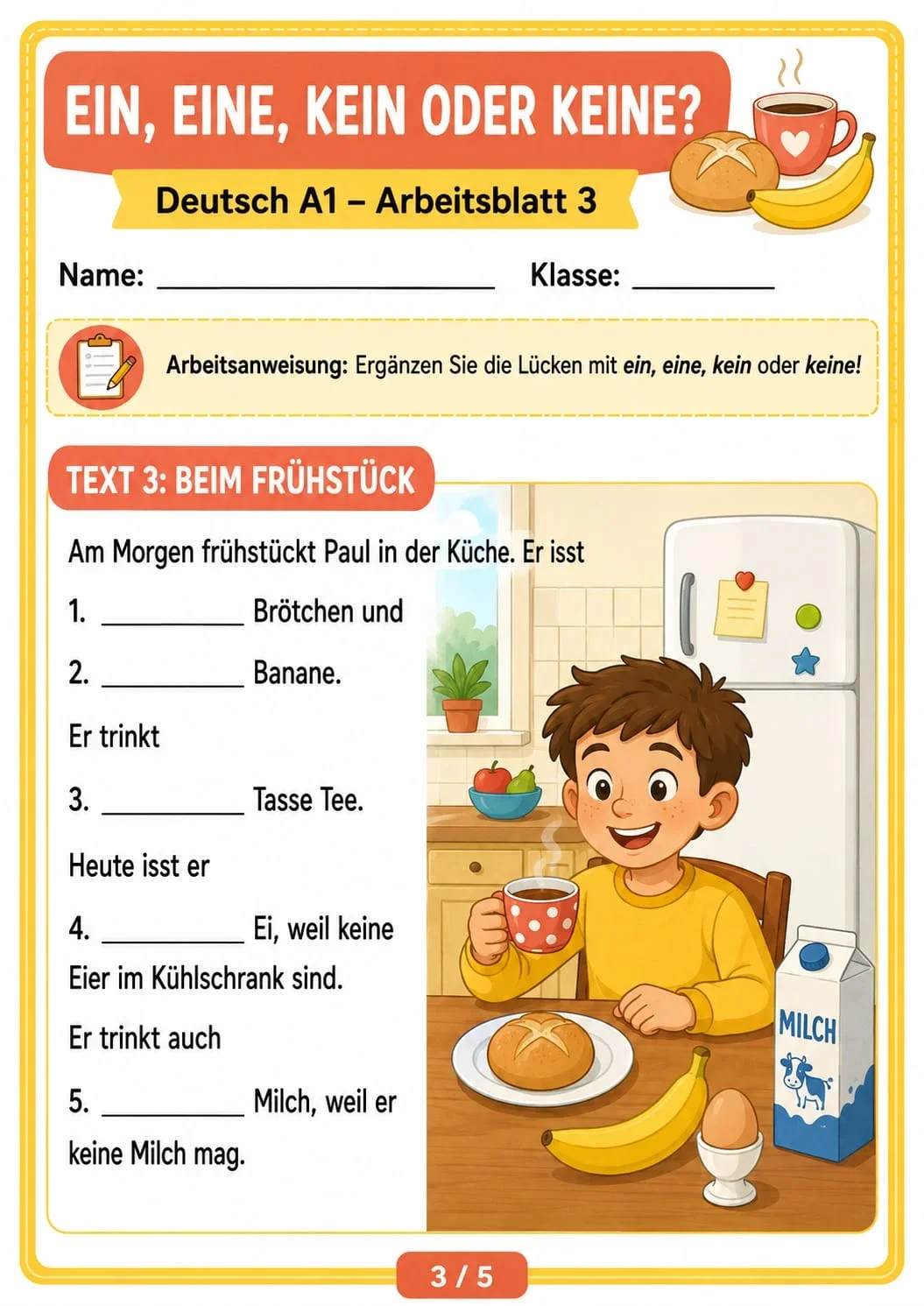 Lembar kerja bahasa Jerman A1: Latihan artikel ein, eine, kein atau keine bertema sarapan pagi