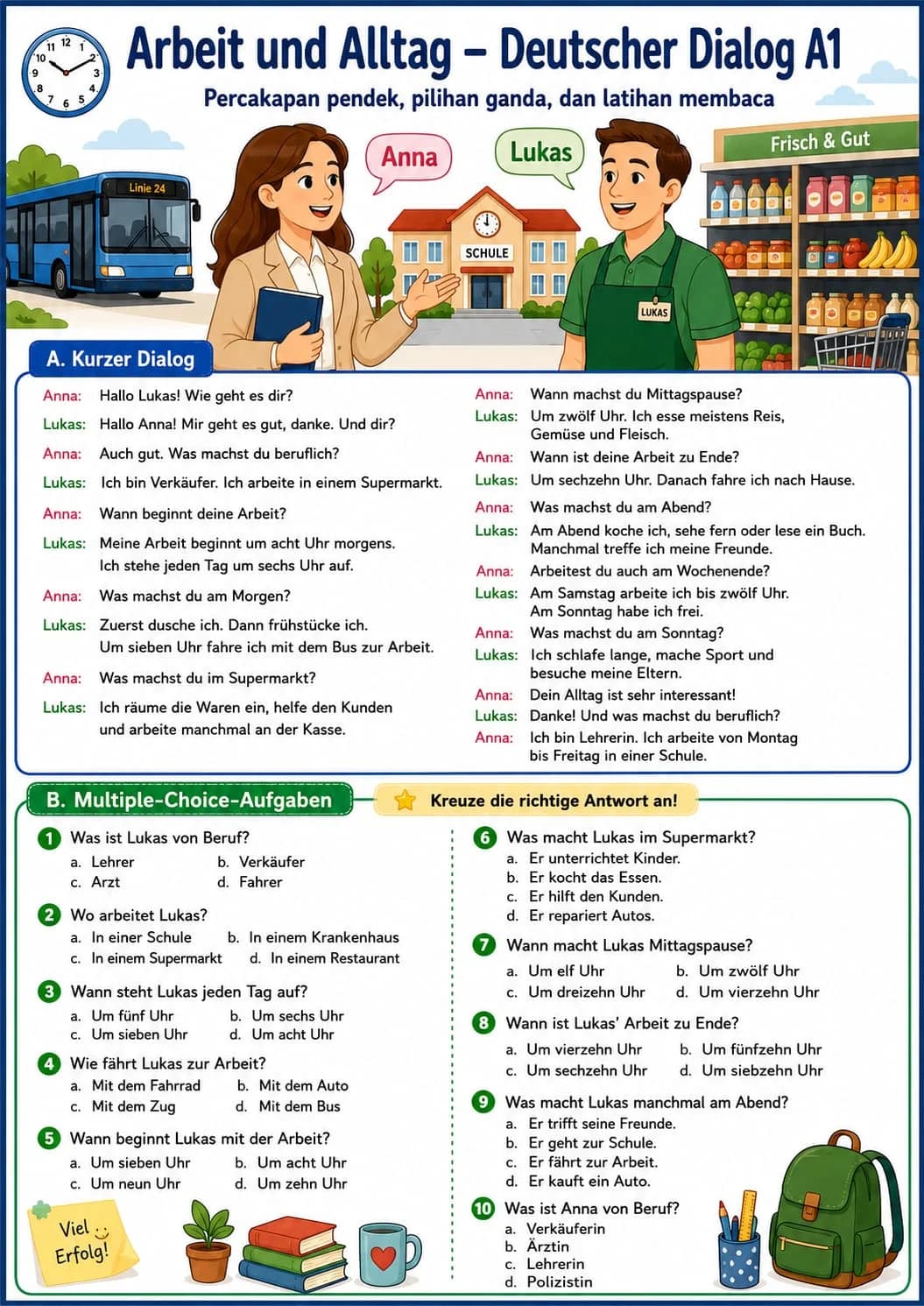 Dialog percakapan bahasa Jerman A1 tentang rutinitas kerja dan kehidupan sehari-hari