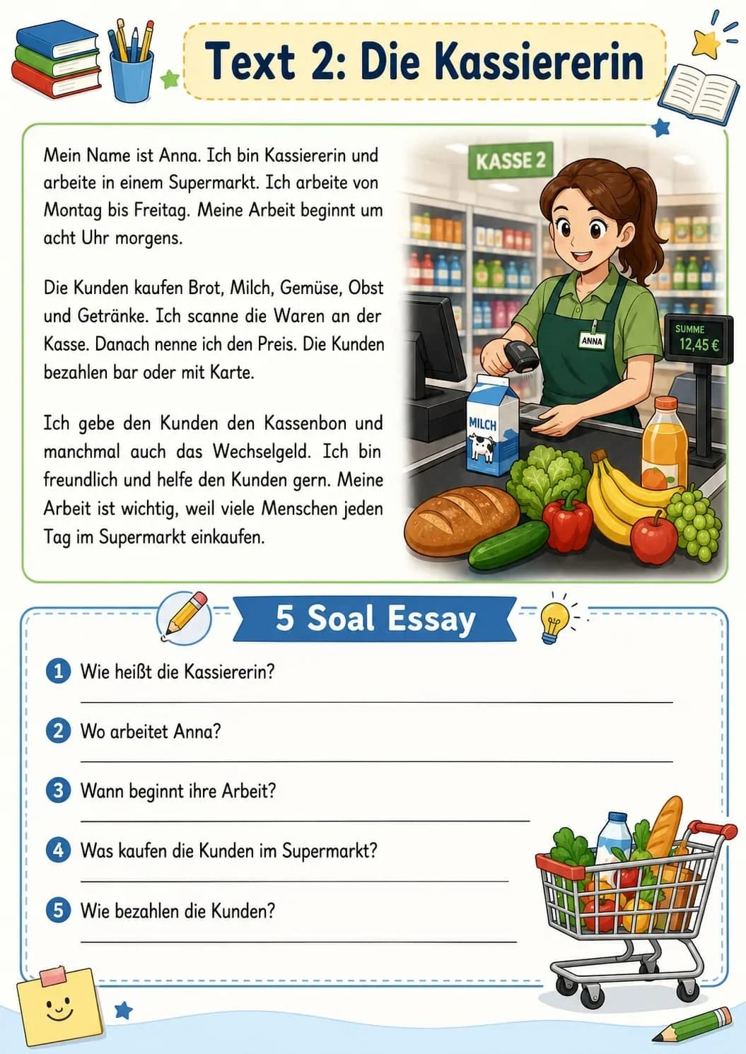 Teks bacaan dan 5 soal esai A1 bertema profesi kasir supermarket (Die Kassiererin)