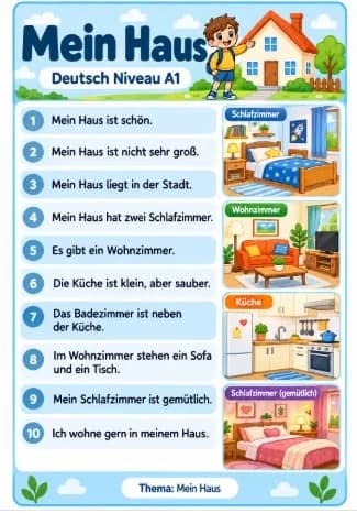 Lembar materi membaca bahasa Jerman A1: Mein Haus - Kosakata ruangan rumah dan aktivitas sehari-hari