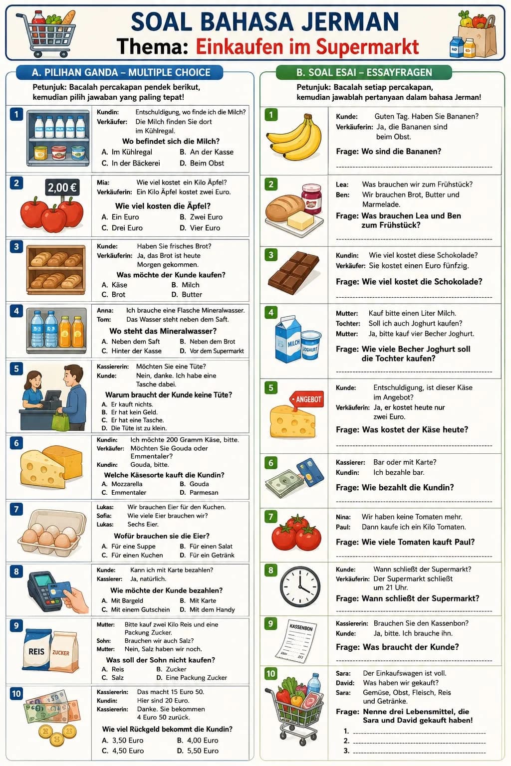 Lembar soal latihan pilihan ganda dan esai bahasa Jerman bertema belanja di supermarket