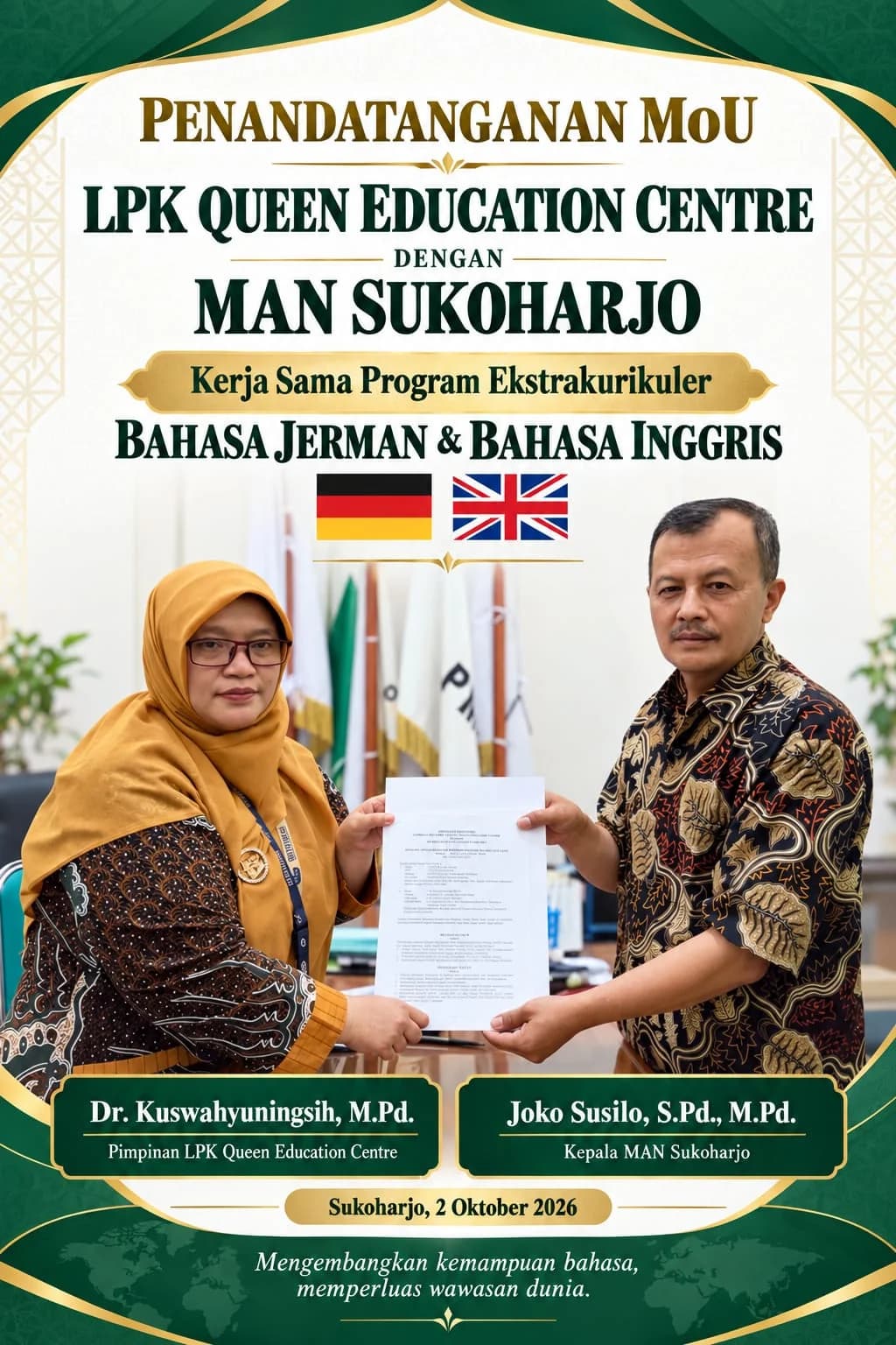 Penandatanganan MoU LPK Queen Education Centre dengan MAN Sukoharjo - Program Ekstrakurikuler Bahasa Jerman & Bahasa Inggris