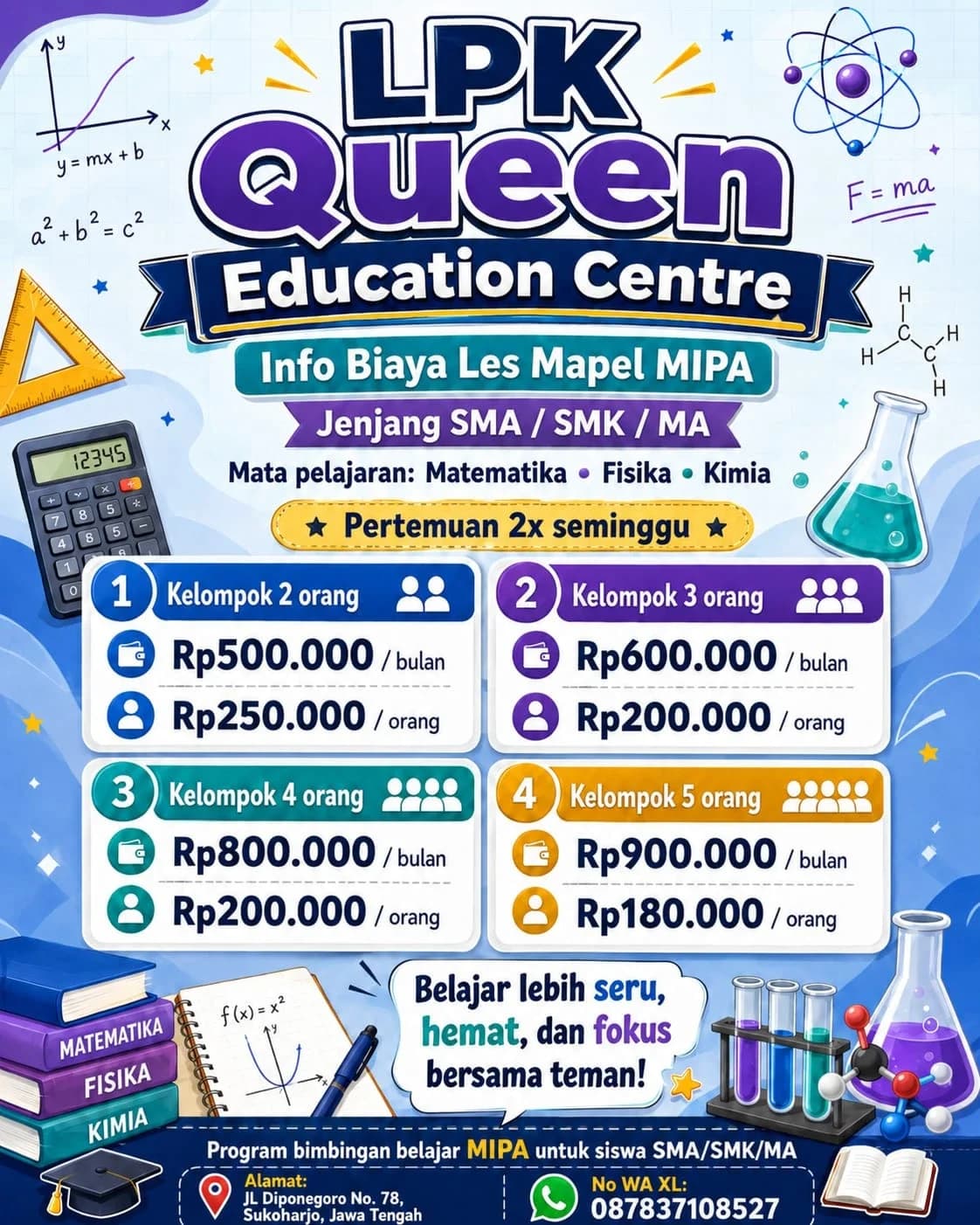 Info Biaya Les Mapel MIPA SMA SMK MA Queen Education Centre